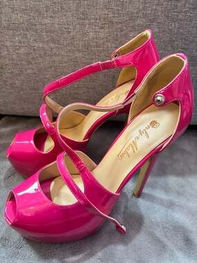 Onlymaker Neon Pink Patent Stiletto Platform Peep Toe Criss-Cross Strap Heels 10